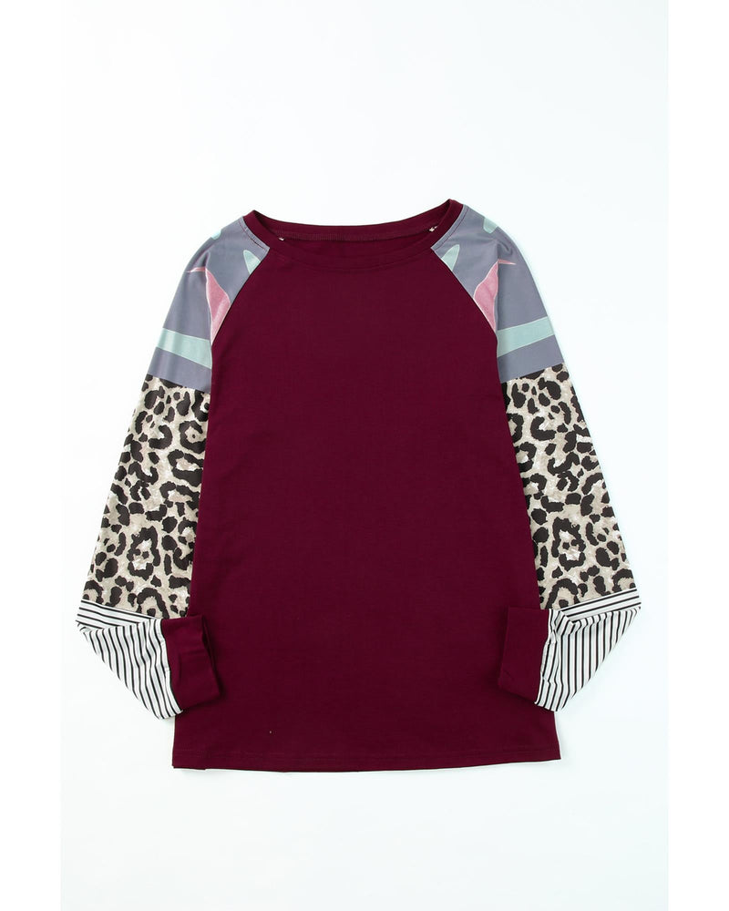 Azura Exchange Burgundy Camouflage Striped Leopard Splicing Blouse - M Payday Deals