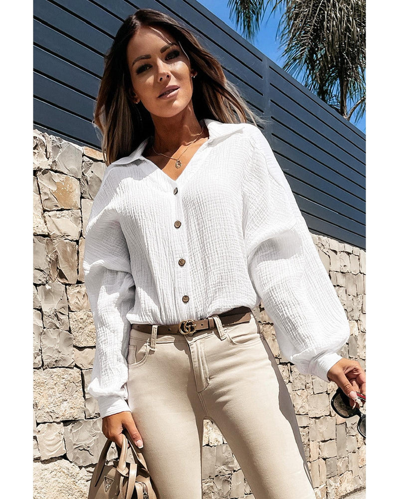 Azura Exchange Crinkled Cuffed Shirt with Turn-down Collar and V-Neck - M Payday Deals