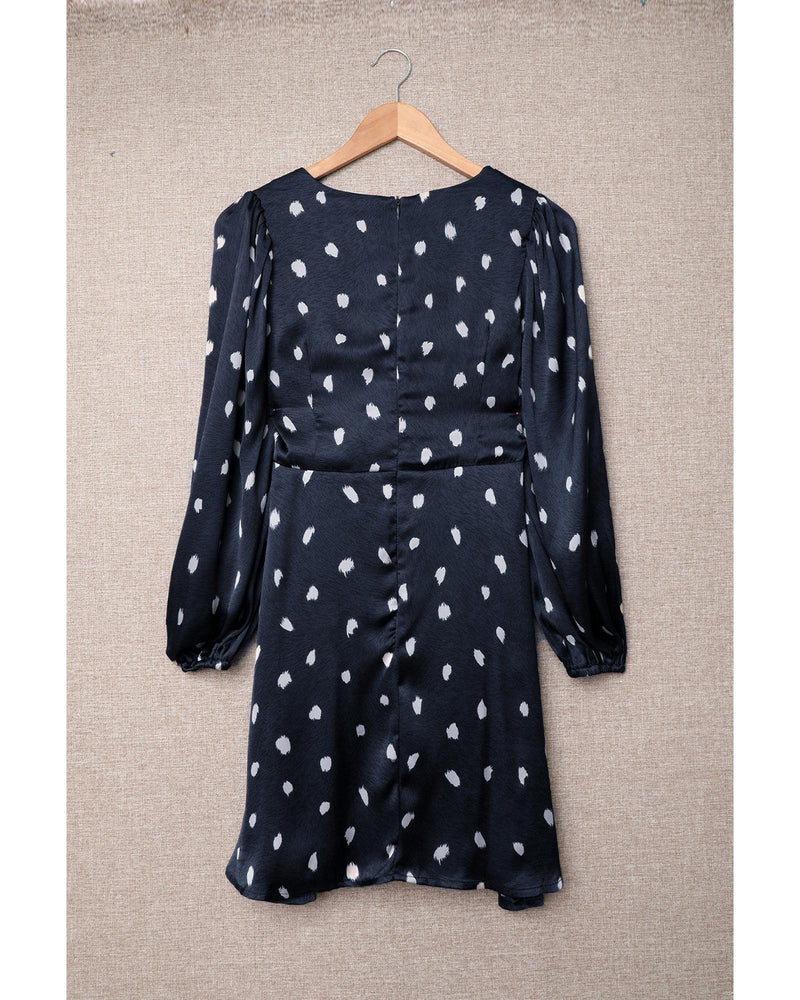 Azura Exchange Dot Print A-Line Dress with Deep V Neck and Balloon Sleeves - S Payday Deals