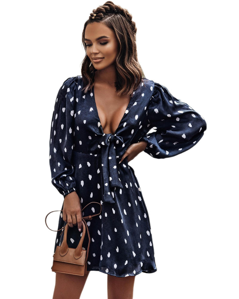 Azura Exchange Dot Print A-Line Dress with Deep V Neck and Balloon Sleeves - S Payday Deals