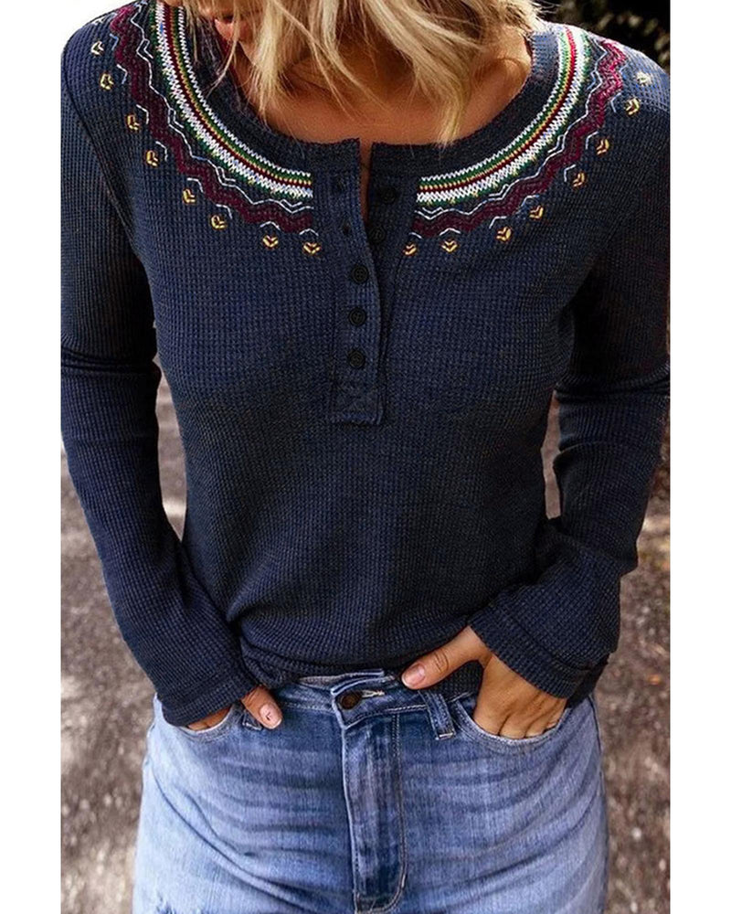 Azura Exchange Embroidered Navy Blue Waffle Top - L Payday Deals