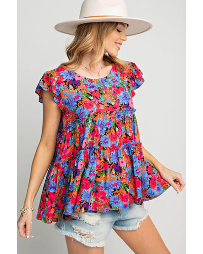 Azura Exchange Floral Print Ruffle Tiered Short Sleeve Babydoll Top - L