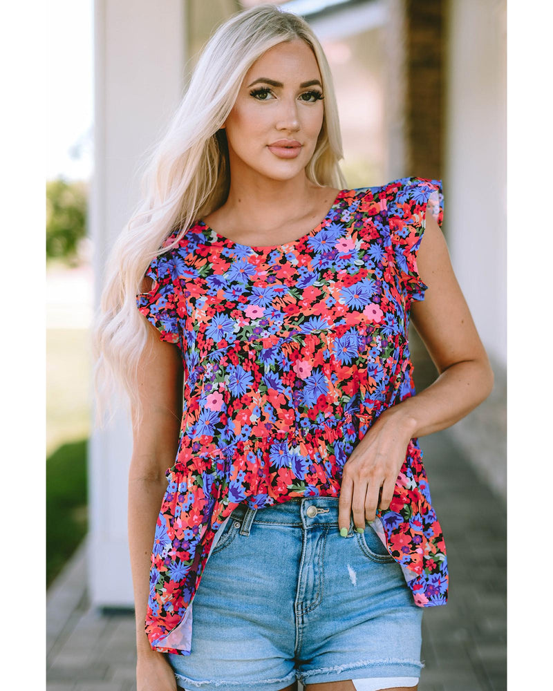 Azura Exchange Floral Print Ruffle Tiered Short Sleeve Babydoll Top - L Payday Deals