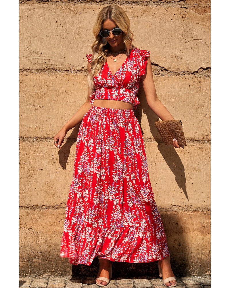 Azura Exchange Floral Ruffled Crop Top and Maxi Skirt Set - S Payday Deals