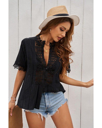 Azura Exchange Hollow-out Lace Splicing Short Sleeve Top - L Payday Deals
