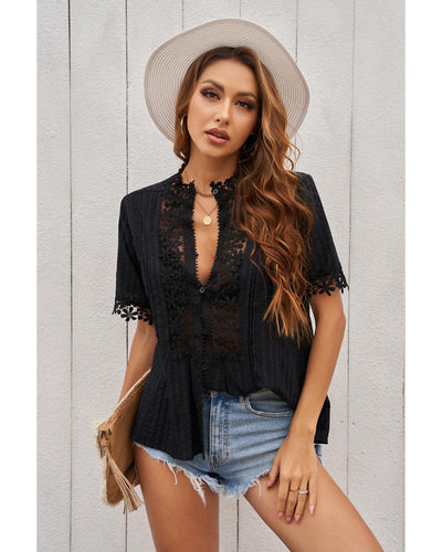 Azura Exchange Hollow-out Lace Splicing Short Sleeve Top - L Payday Deals