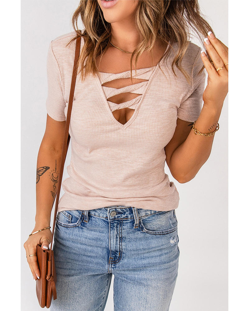 Azura Exchange Hollow-out Neck Rib Knit T Shirt - M Payday Deals
