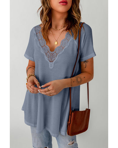 Azura Exchange Lace Crochet Waffle Knit Ruffled V Neck Top - L Payday Deals