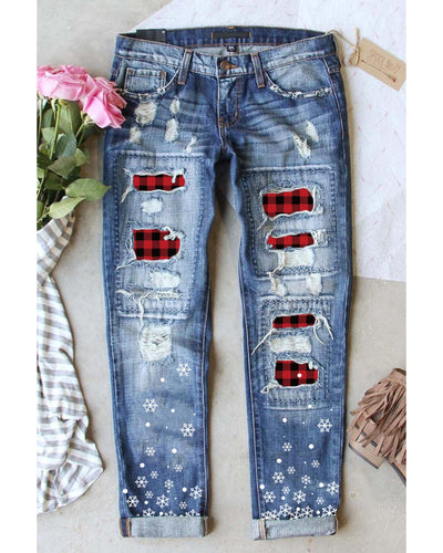 Azura Exchange Plaid Patch Snowflake Distressed Straight Jeans - S Payday Deals