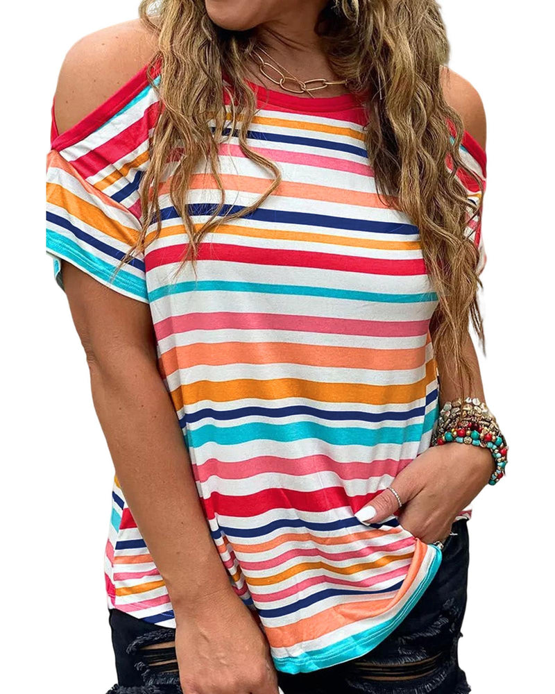 Azura Exchange Relaxed Striped Print Cold Shoulder Top - L Payday Deals
