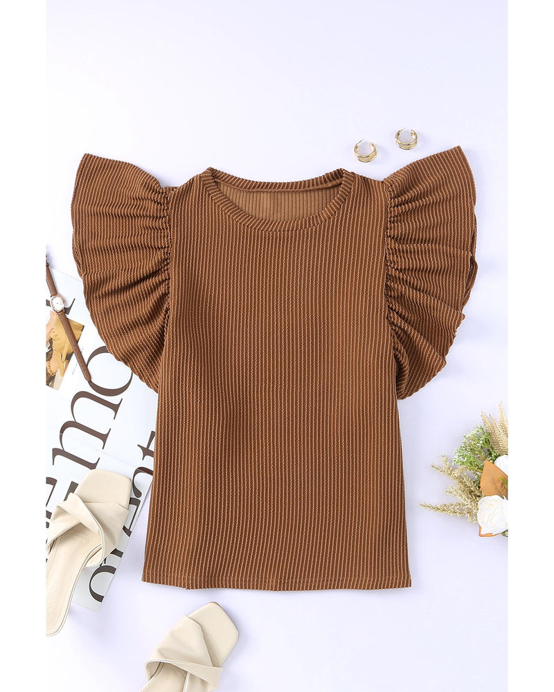 Azura Exchange Ribbed Knit Ruffled Short Sleeve T-Shirt - L Payday Deals