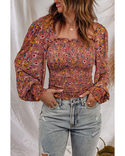 Azura Exchange Smocked Floral Print Long Sleeve Top - 2XL Payday Deals
