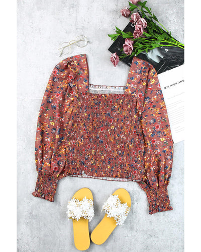 Azura Exchange Smocked Floral Print Long Sleeve Top - 2XL Payday Deals