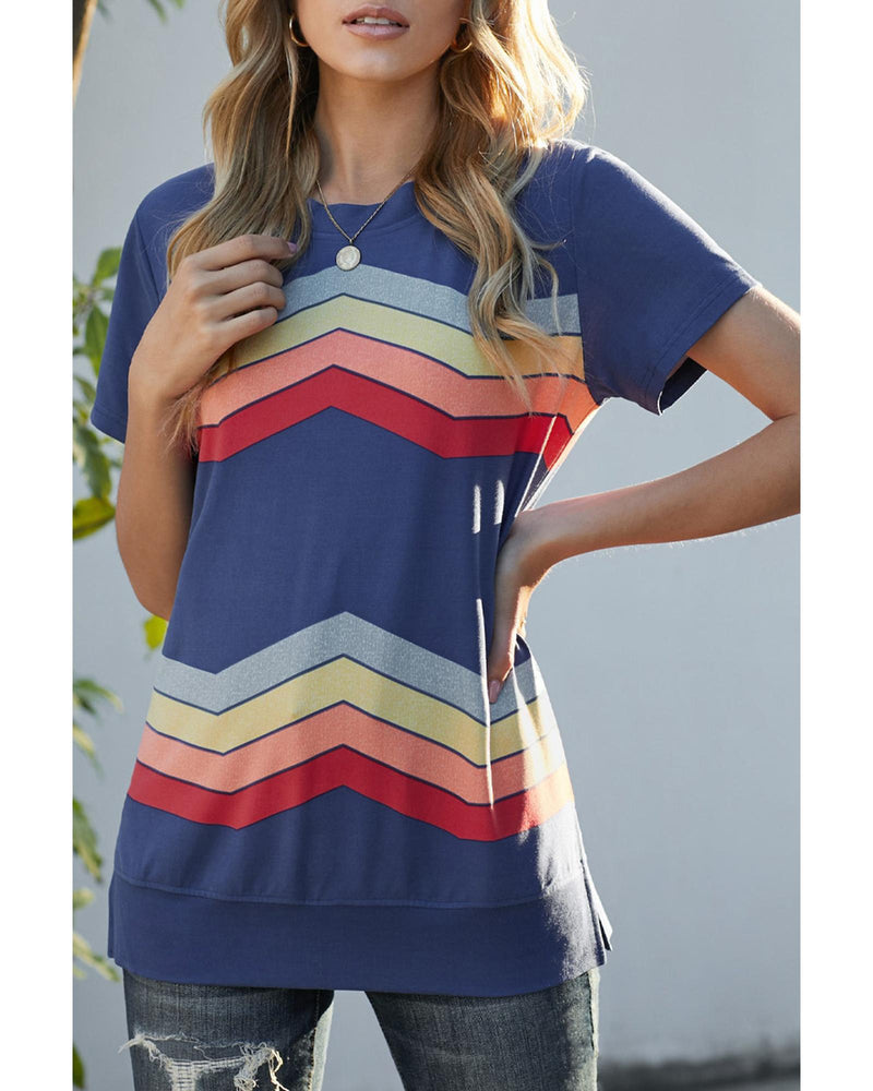 Azura Exchange Striped Short Sleeve Tee with Colorful Wavy Print - XL Payday Deals