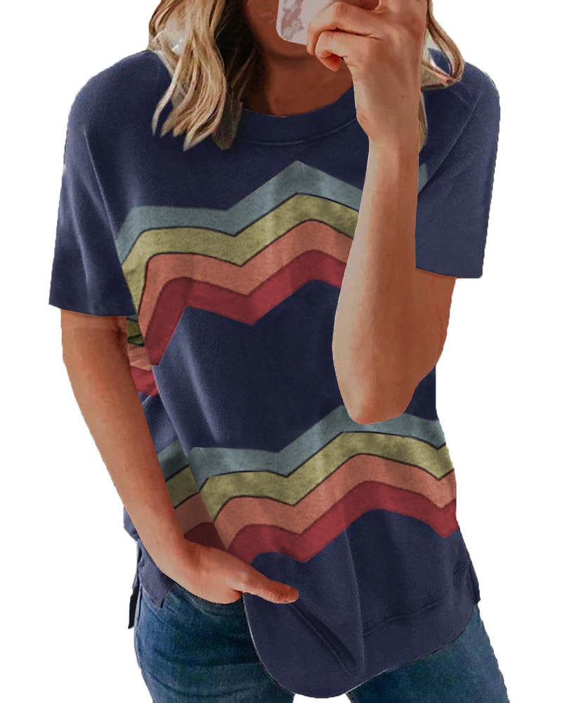 Azura Exchange Striped Short Sleeve Tee with Colorful Wavy Print - XL Payday Deals