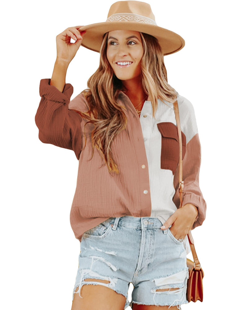 Azura Exchange Textured Color Block Long Sleeve Shirt with Pocket - XL Payday Deals