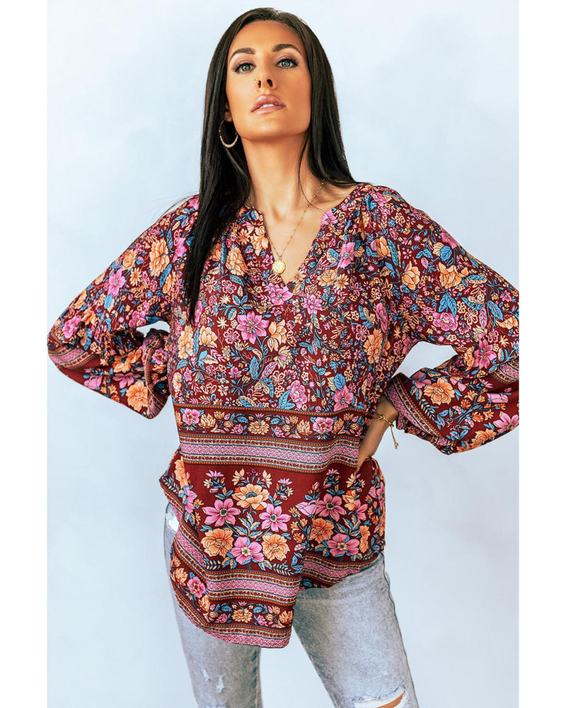 Azura Exchange V Neck Long Sleeve Blouse with Floral Print - M Payday Deals