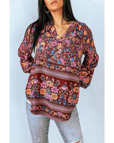 Azura Exchange V Neck Long Sleeve Blouse with Floral Print - M Payday Deals
