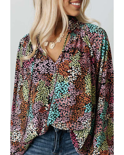 Azura Exchange Vibrant Floral Tie V Neck Puff Sleeve Blouse - 2XL Payday Deals