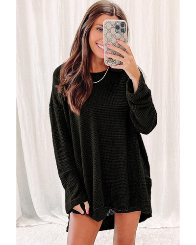 Azura Exchange Waffle Knit Oversized Black Top - L Payday Deals