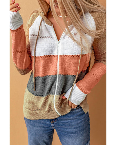 Azura Exchange Zipped Front Colorblock Hollow-out Knit Hoodie - M Payday Deals
