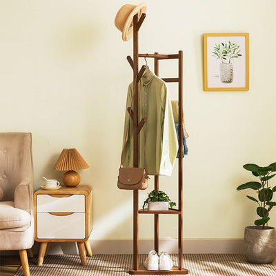 Bamboo Clothes Coat Rack Garment Stand Shelf Tree Hanger Bag Hat Hook Holder Dark Brown Payday Deals