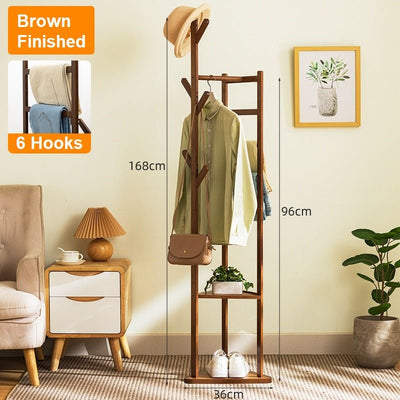 Bamboo Clothes Coat Rack Garment Stand Shelf Tree Hanger Bag Hat Hook Holder Dark Brown Payday Deals
