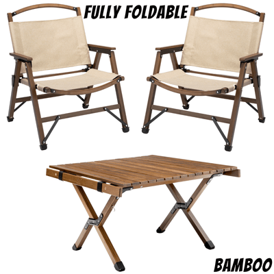 Bamboo Foldable Camping Table + 2 Chairs Waterproof Wood Wooden Travel Set Kit Payday Deals