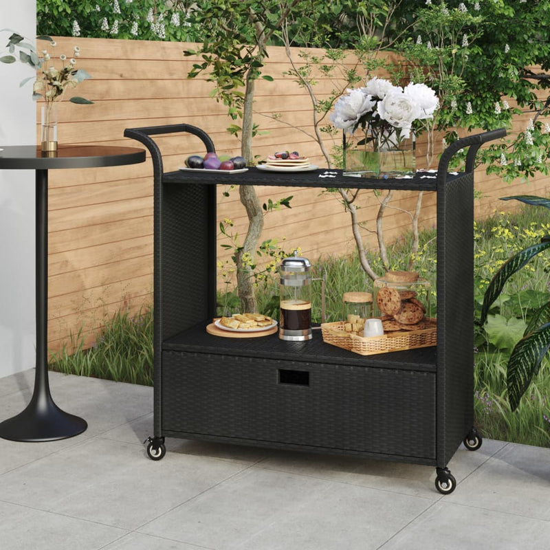 Bar Cart with Drawer Black 100x45x97 cm Poly Rattan Payday Deals