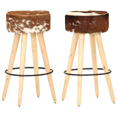 Bar Stools 2 pcs Brown Rough Mango Wood and Real Leather