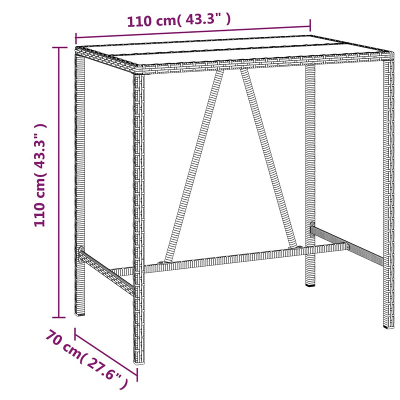 Bar Table with Glass Top Grey 110x70x110 cm Poly Rattan Payday Deals