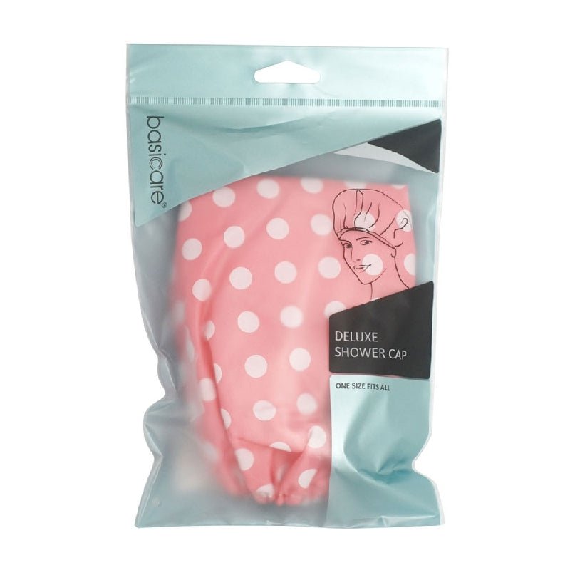 Basicare Deluxe Shower Cap Pink with White Dots Payday Deals