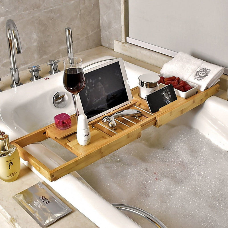 Bathroom Bamboo Bath Caddy Wine Glass Holder Table Tray Bathtub Rack Soap Shelf Payday Deals