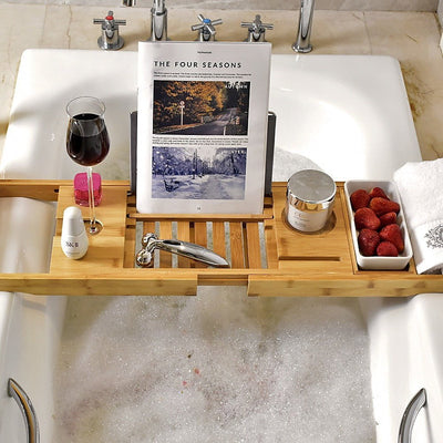 Bathroom Bamboo Bath Caddy Wine Glass Holder Table Tray Bathtub Rack Soap Shelf Payday Deals