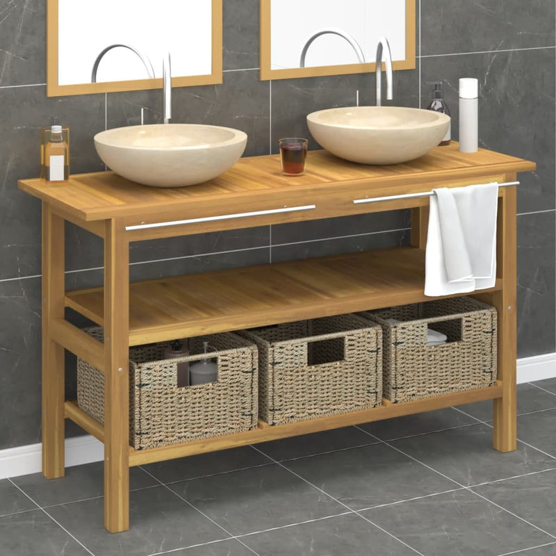 Bathroom Vanity Cabinet with Cream Marble Sinks Solid Wood Teak Payday Deals