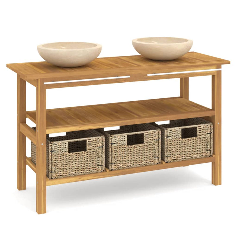 Bathroom Vanity Cabinet with Cream Marble Sinks Solid Wood Teak Payday Deals