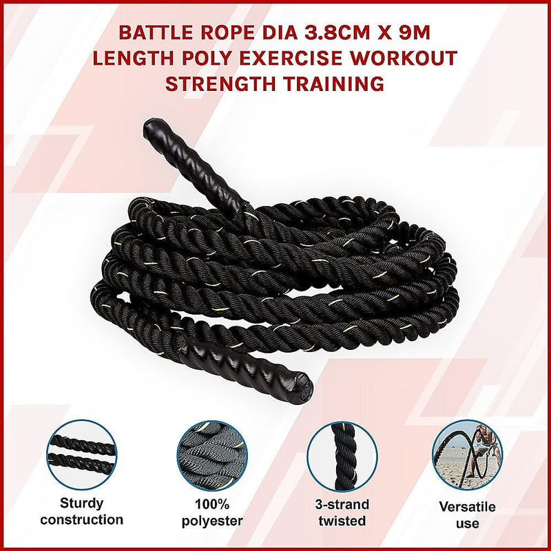 Battle Rope Dia 3.8cm x 9M length Poly Exercise Workout Strength Training Payday Deals