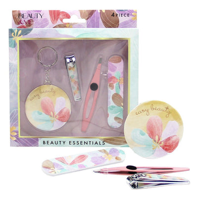 Beauty & Me Floral Beauty Essentials Set 4pc File, Clippers, Tweezers, Mirror