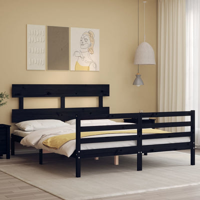 Bed Frame with Headboard  Black 153x203 cm Queen Solid Wood