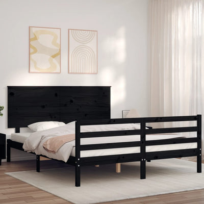 Bed Frame with Headboard  Black 153x203 cm Queen Solid Wood