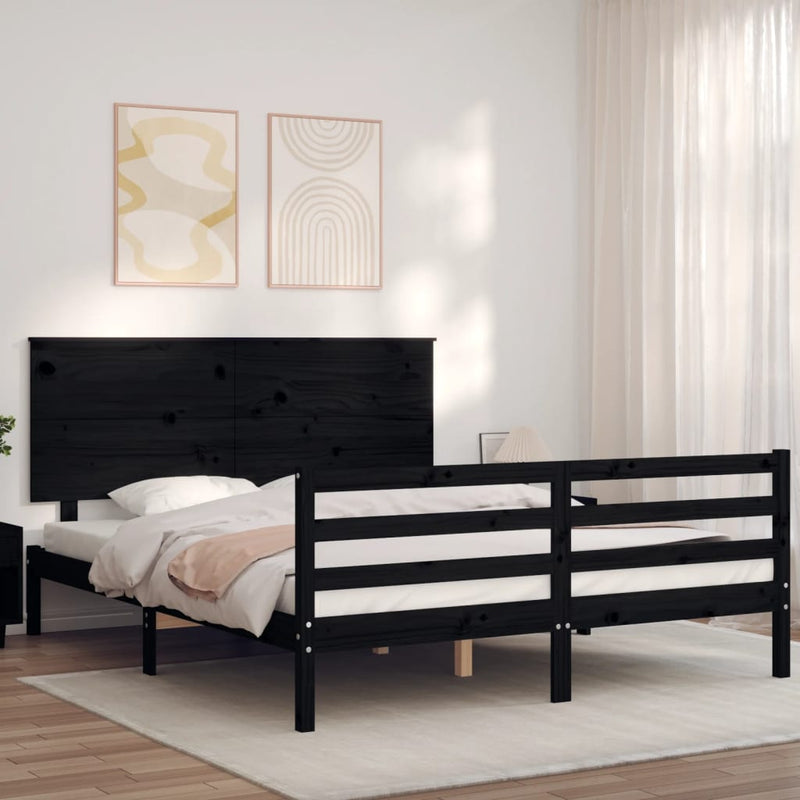 Bed Frame with Headboard  Black 153x203 cm Queen Solid Wood Payday Deals