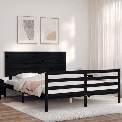 Bed Frame with Headboard  Black 153x203 cm Queen Solid Wood Payday Deals