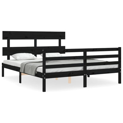 Bed Frame with Headboard  Black 153x203 cm Queen Solid Wood Payday Deals
