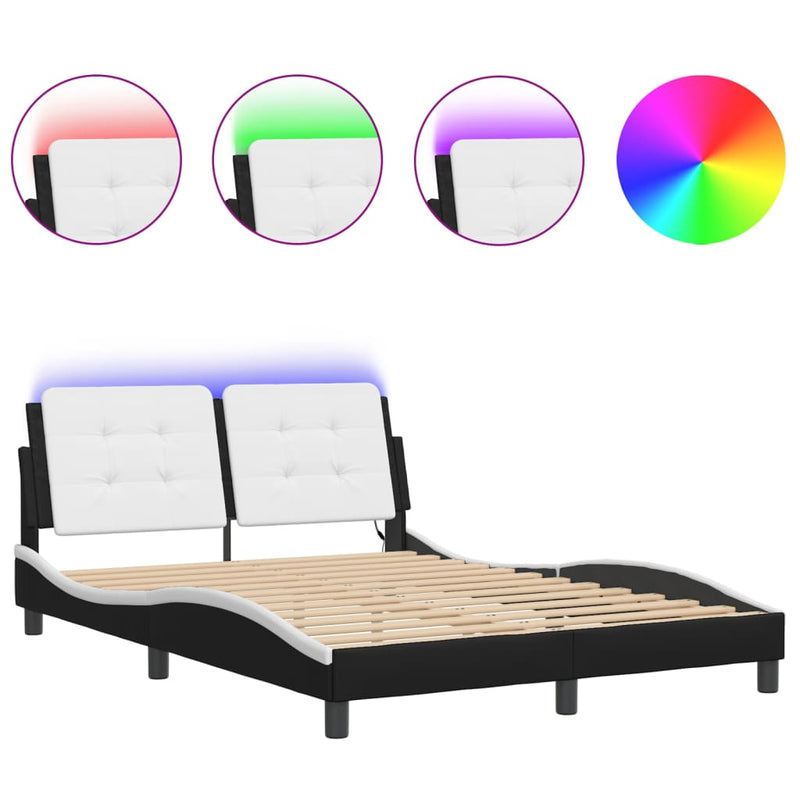 Bed Frame with LED Light Black and White 137x187 cm Double Size Faux Leather Payday Deals