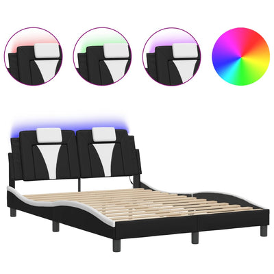 Bed Frame with LED Lights Black and White 137x187 cm Double Size Faux Leather Payday Deals