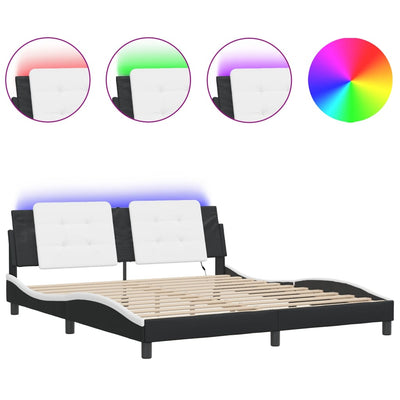 Bed Frame with LED Lights Black and White 183x203 cm King Size Faux Leather Payday Deals