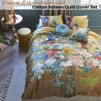 Bedding House Van Gogh Bouquet d'Anniversaire Gold Cotton Sateen Quilt Cover Set King Payday Deals