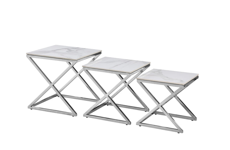 Bella Set of 3 Silver Side Table - White Marble Payday Deals