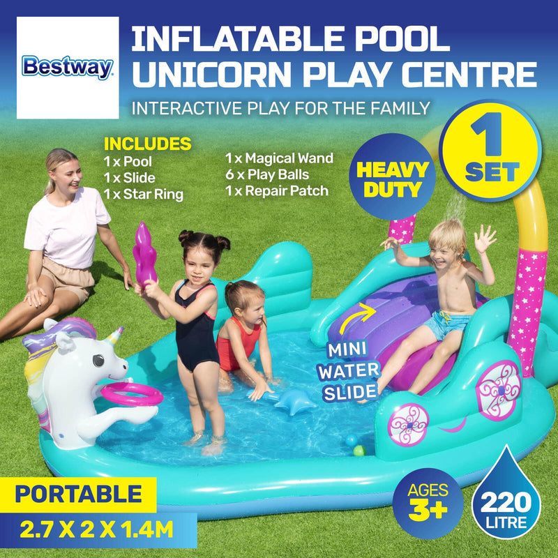 Bestway Inflatable Unicorn Themed Mini Water Fun Park Pool With Slide 220L Payday Deals