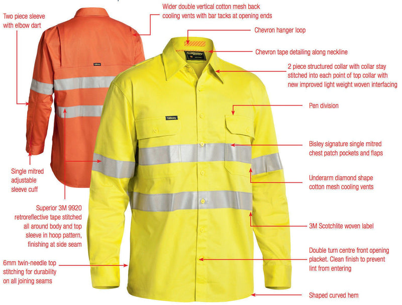 BISLEY 3M Taped Hi Vis Cool Vent Long Sleeve Industrial Shirt Workwear Cotton - BS6445T_BBLY - 4XL Payday Deals